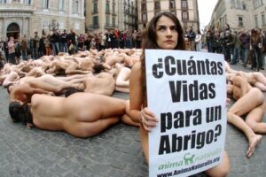 Unas 70 personas se desnudan en la plaza Sant Jaume contra el uso de pieles