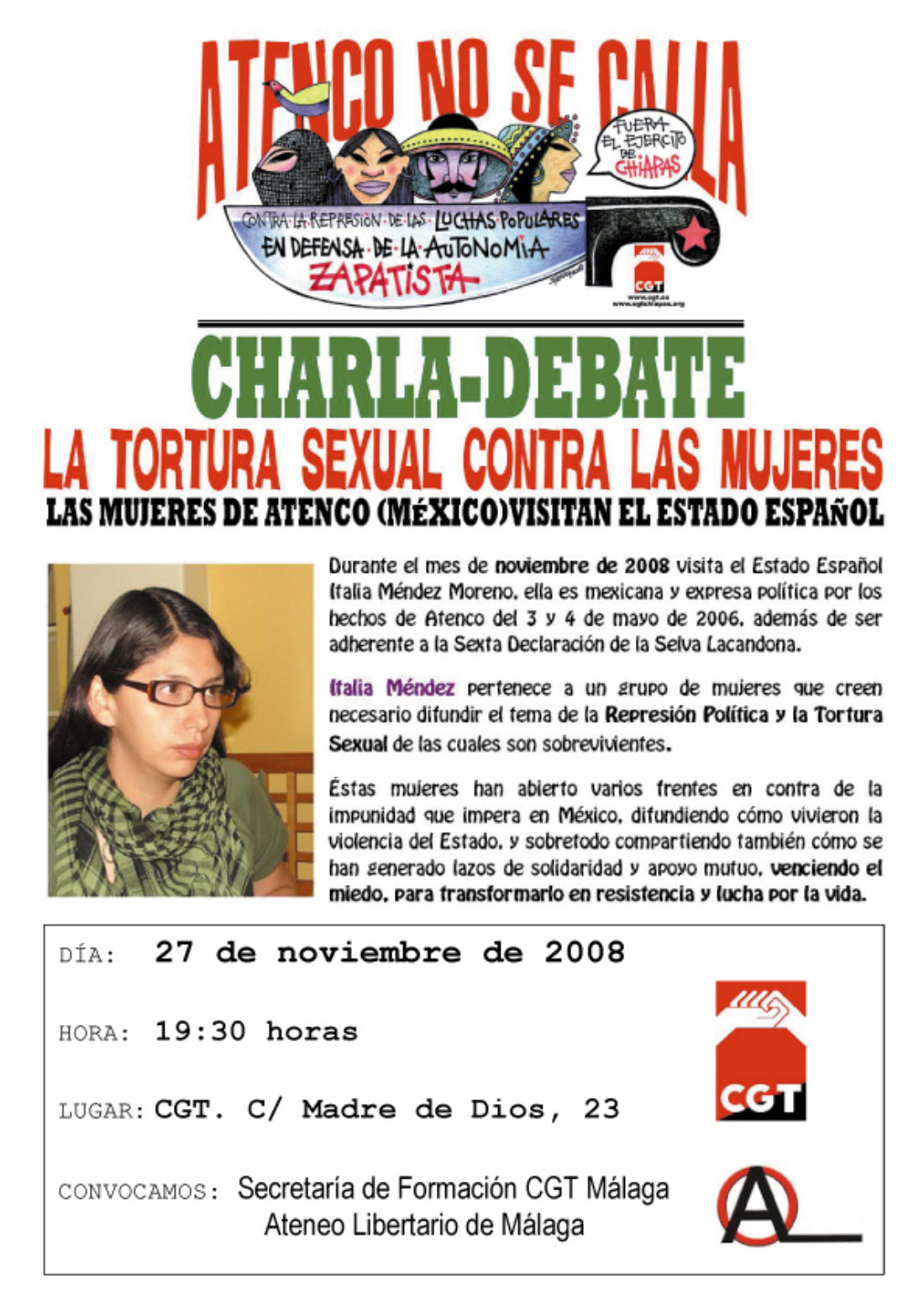 Jueves 27, en CGT Málaga. Charla de Italia Méndez, ex-presa política de Atenco, México