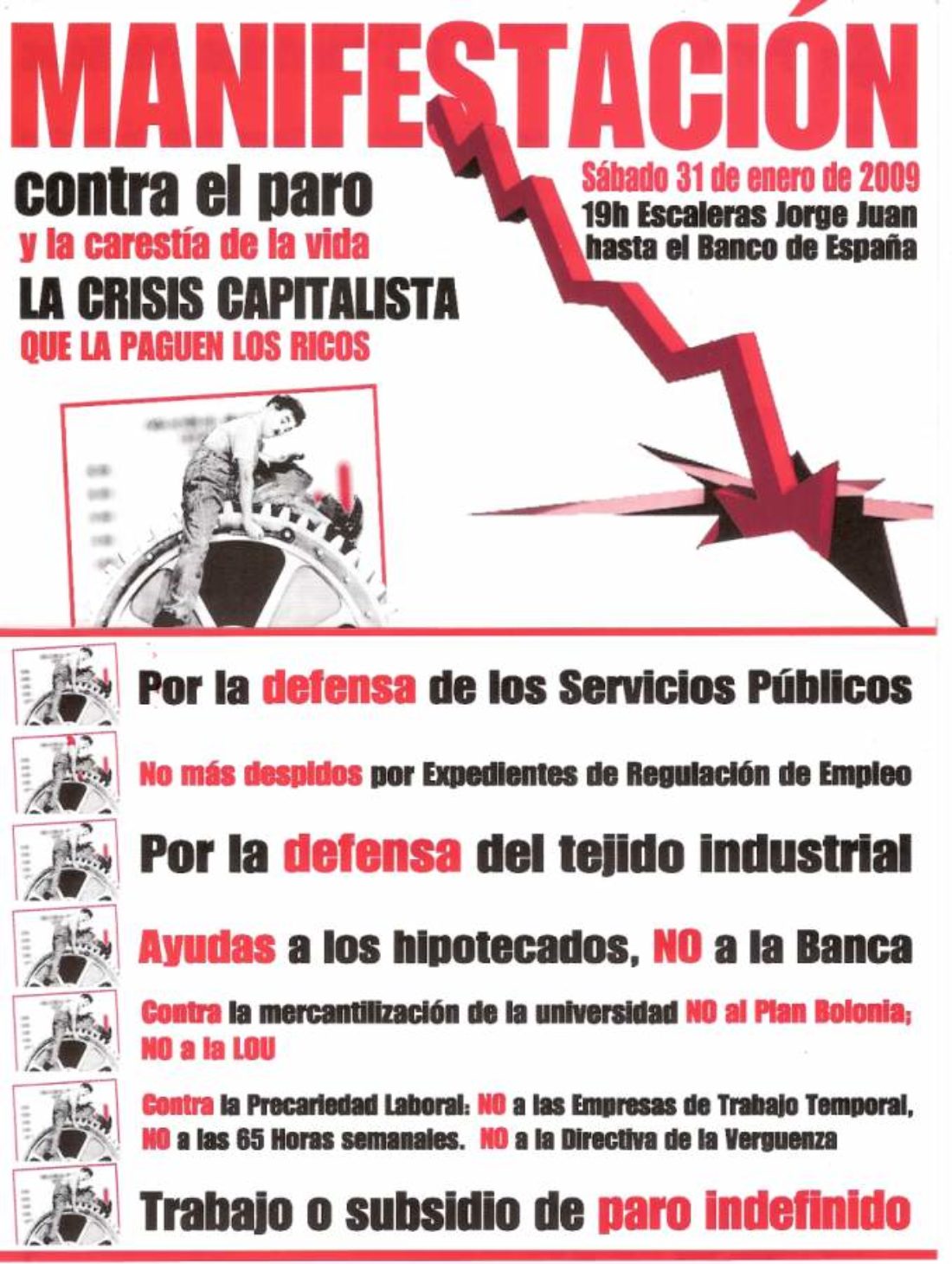 Alacant : Manifestación el sábado 31 de enero contra el paro y la carestía de la vida, a las 19 H., de las escaleras Jorge Juan hasta el Banco de España