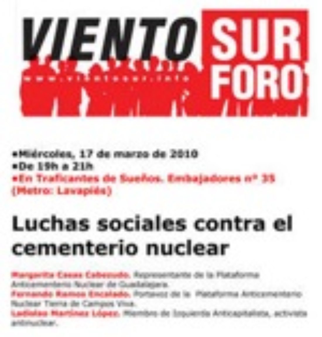 17 marzo, Madrid : «Luchas sociales contra el cementerio nuclear» (Foro Viento Sur)