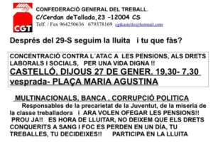 27 enero, Castelló : Concentración contra el ataque a las pensiones