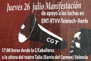 Manifestación en Valencia en apoyo a las luchas de EMT- RTVV- Renfe- Tele Tech