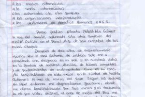 Carta de Alberto Patishtán tras haberle sido diagnosticado un tumor cerebral