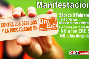 Manifestación de trabajadores/as de UNIPOST, el 9 de febrero en Valencia
