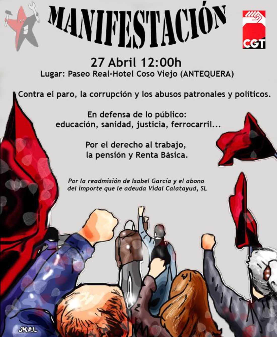 CGT llama a participar en la manifestacion 27 abril en Antequera