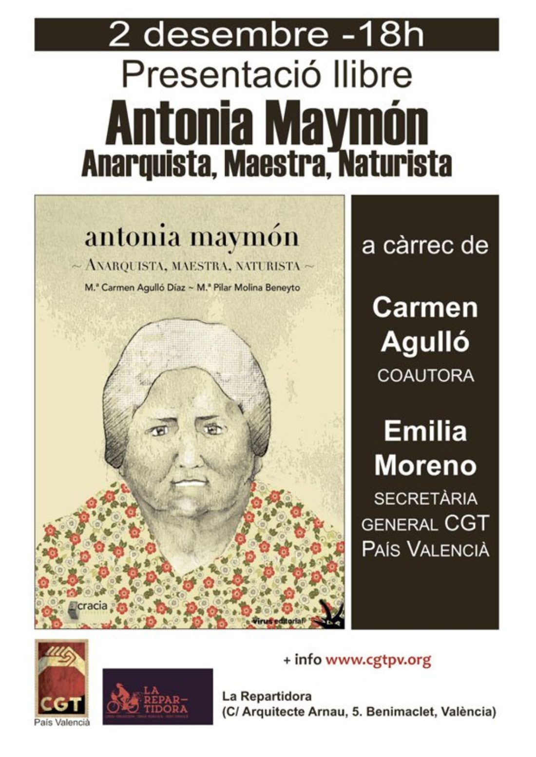 2-d Benimaclet: Presentación del libro «Antonia Maymón. Anarquista, maestra, naturista» en La Repartidora