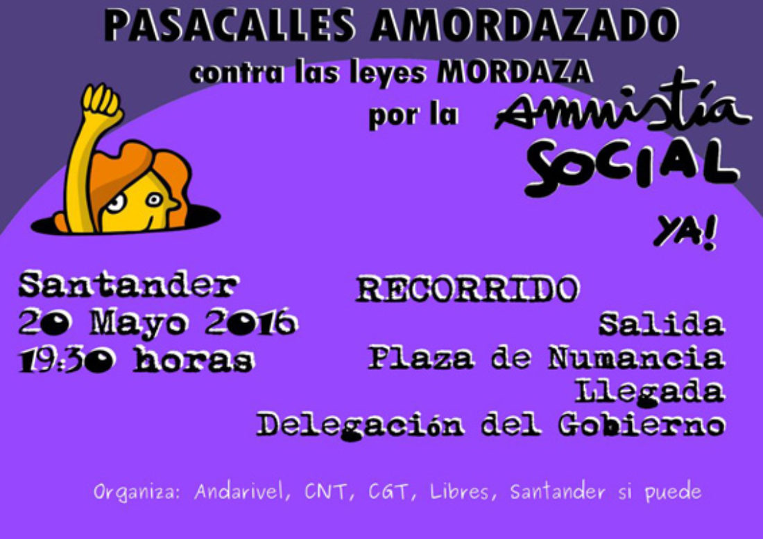 20-M: Pasacalles amordazado contra las Leyes Mordaza y por la Amnistía Social en Santander