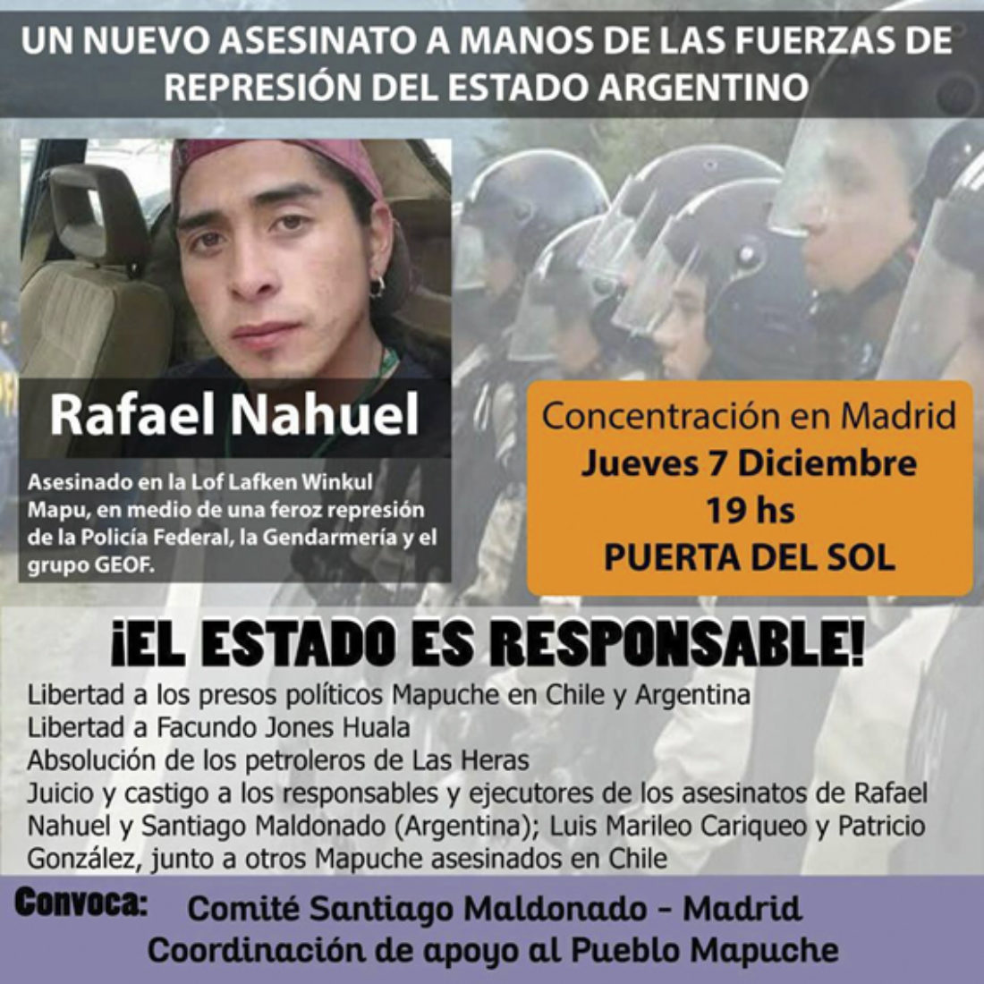 7-D: ¡Basta ya de represión contra el Pueblo Mapuche! Movilización en Madrid