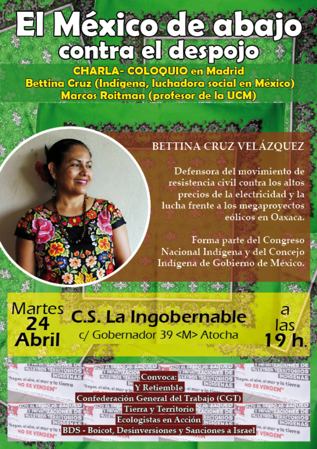 23 y 24-A: Encuentro y charla de Bettina Cruz Velázquez en Madrid