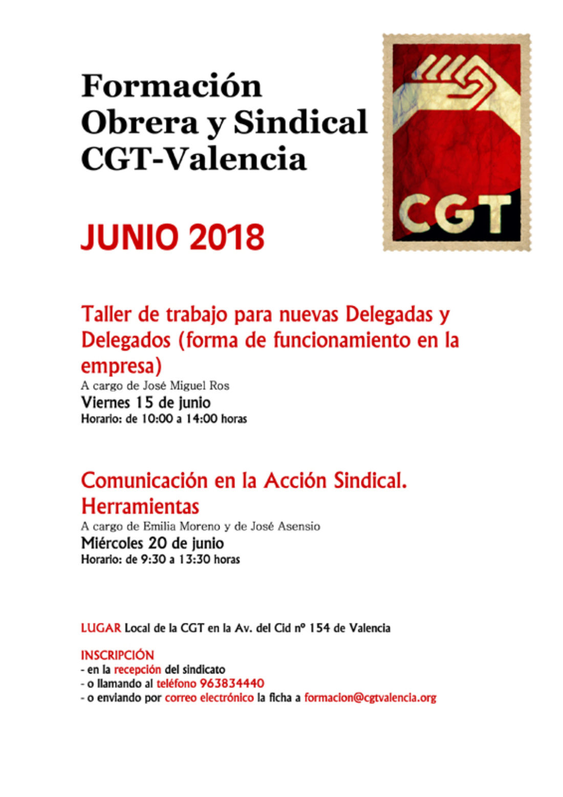 Acciones formativas de CGT-Valencia para junio 2018