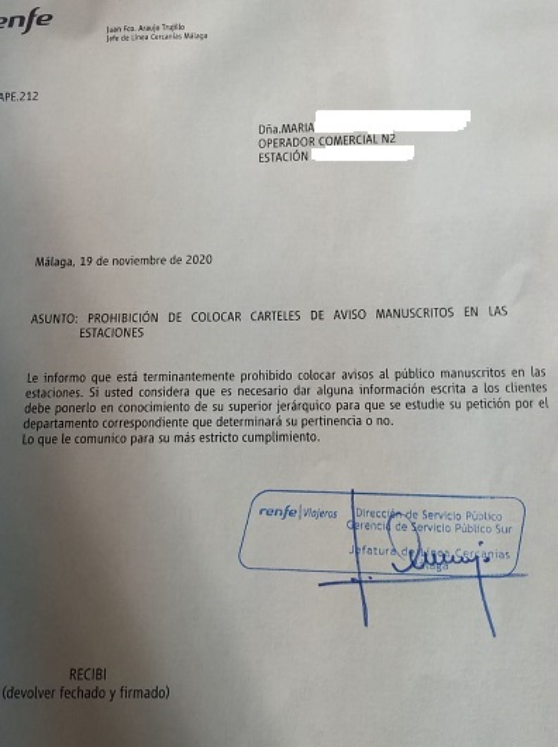 La Jefatura de Línea de Cercanías RENFE en Málaga prohíbe a la plantilla informar sobre la supresión de trenes por falta de personal