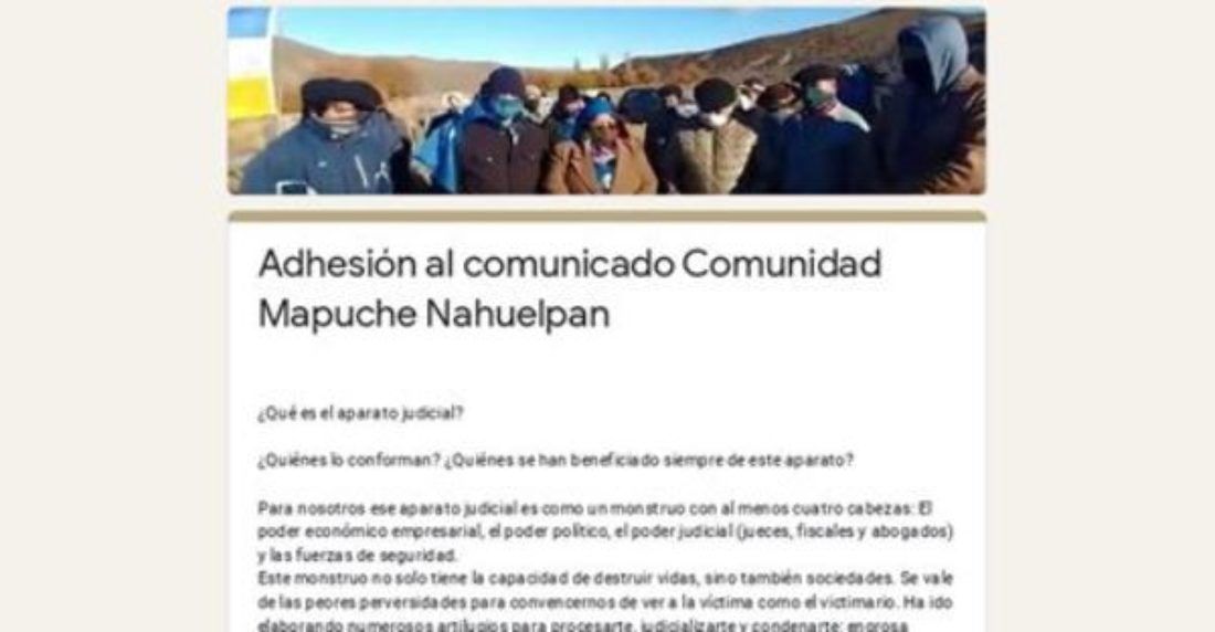 Adhesión al comunicado Comunidad Mapuche Nahuelpan