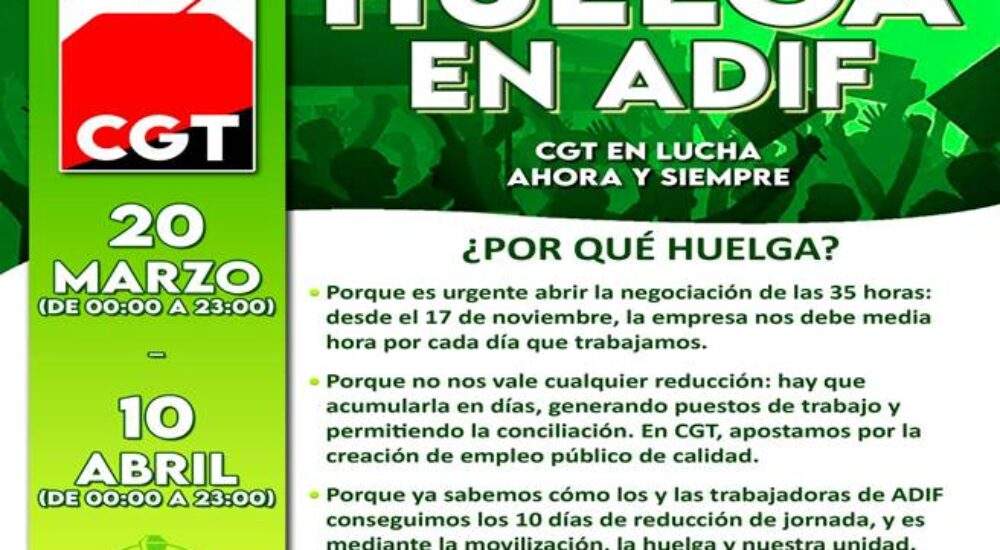 Andalucía afectada por la Huelga en ADIF, dará comienzo a las 0h del lunes 20 de marzo