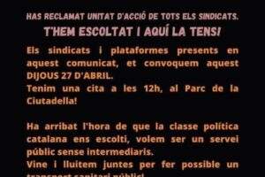 Concentració el 27 d’abril al Parlament de Catalunya per la internalització del servei d’ambulàncies