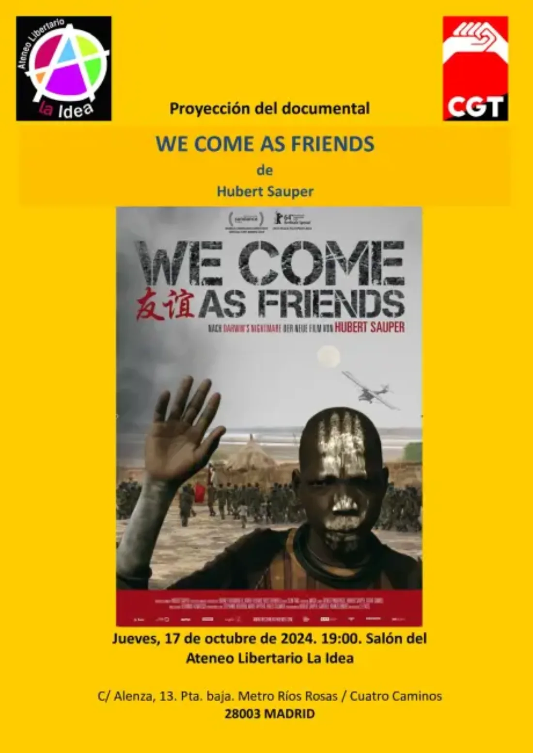 Proyección documental: «We come as friends» (Neocolonianismo y corrupción, causas de la emigración en África