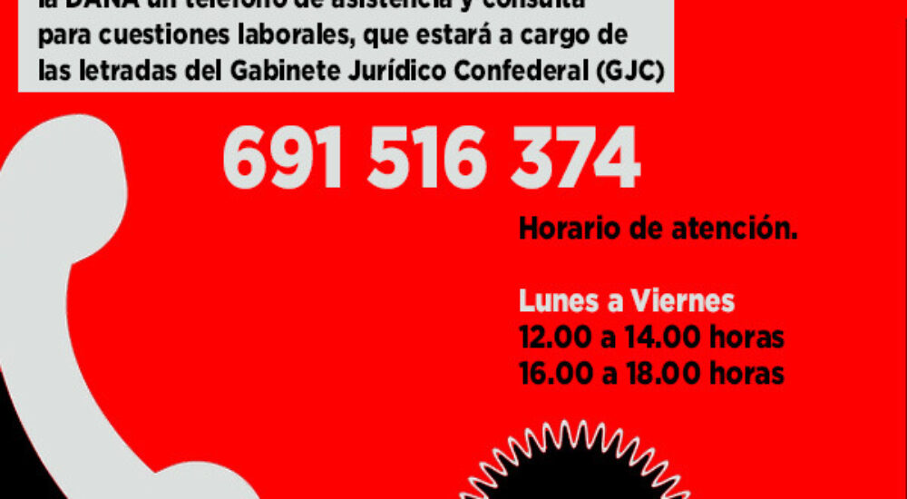 CGT pone a disposición de las víctimas de la DANA un teléfono de asistencia y consulta sobre cuestiones laborales