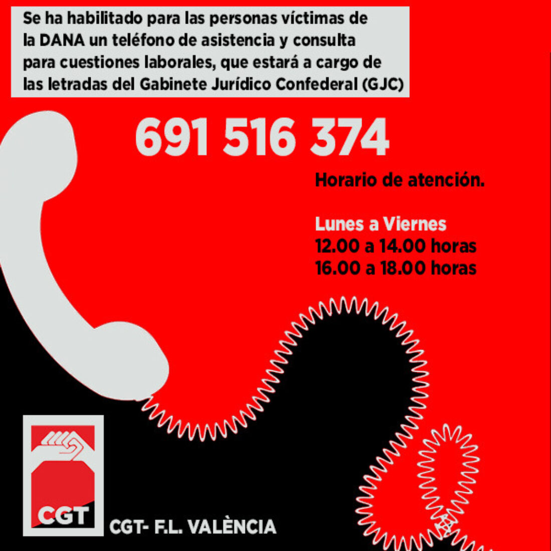 CGT pone a disposición de las víctimas de la DANA un teléfono de asistencia y consulta sobre cuestiones laborales