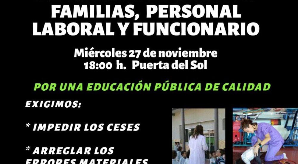 CGT, CNT, SO y COBAS convocan concentración este 27 de noviembre contra la falta de recursos y el despido en los centros educativos