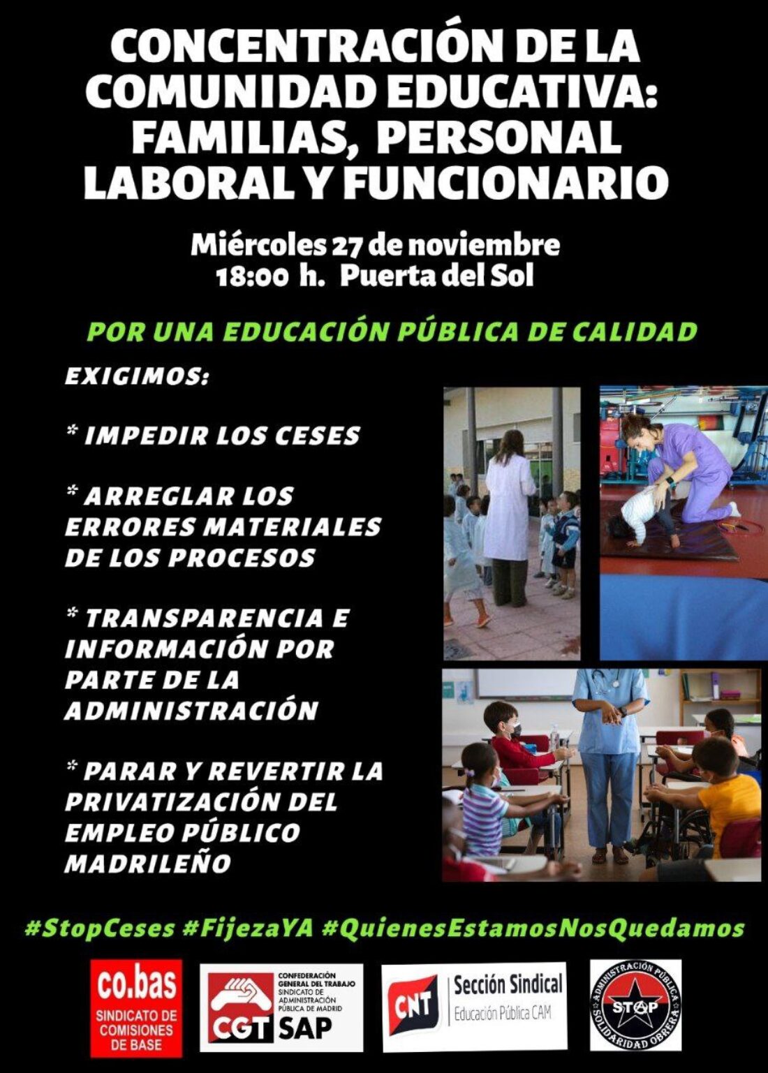 CGT, CNT, SO y COBAS convocan concentración este 27 de noviembre contra la falta de recursos y el despido en los centros educativos