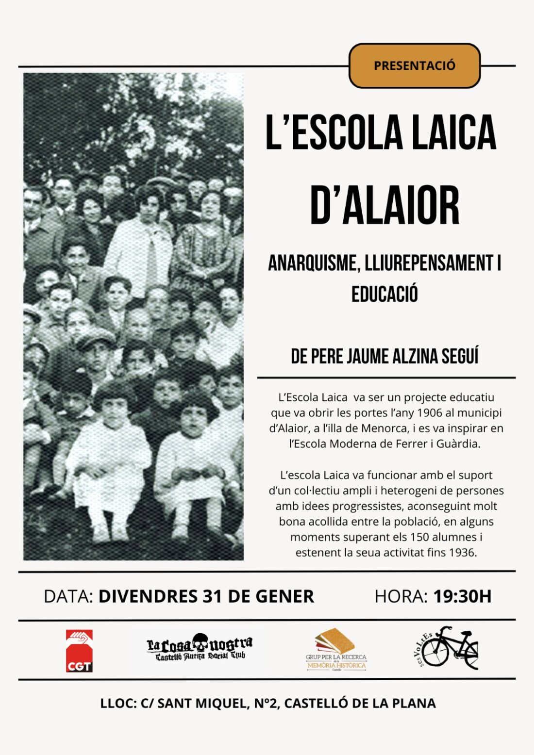 Presentació L’Escola Laica d’Alaior. Anarquisme, lliure pensament i educació